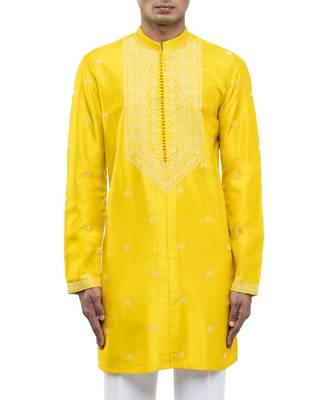 Yellow embroidered silk kurta set 5