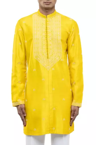 Yellow embroidered silk kurta set
