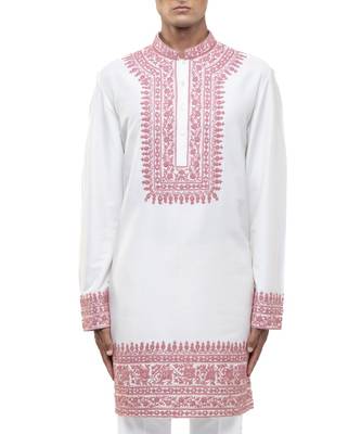 White embroidered silk kurta set 5