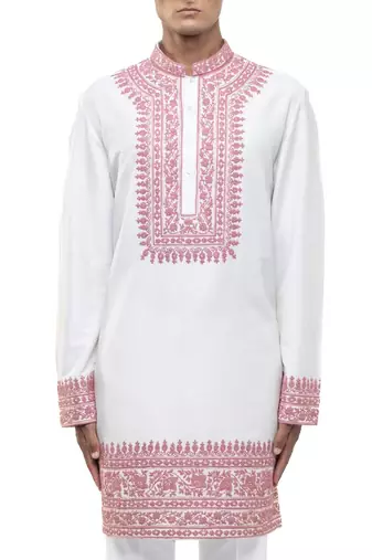 White embroidered silk kurta set