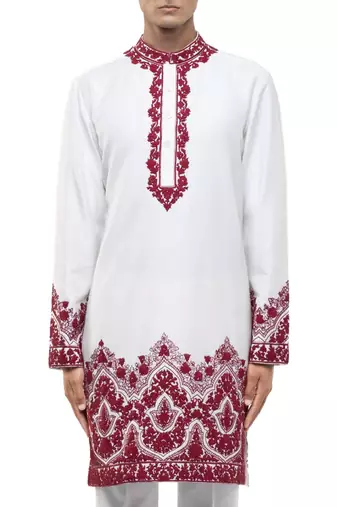 White embroidered silk kurta set