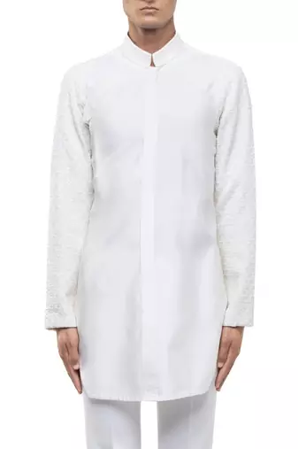White embroidered silk kurta set