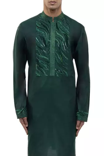 Green embroidered silk kurta set