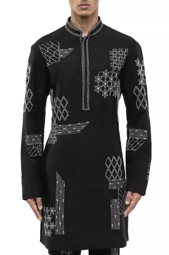 Black embroidered linen kurta set