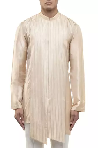 Beige plain linen kurta set