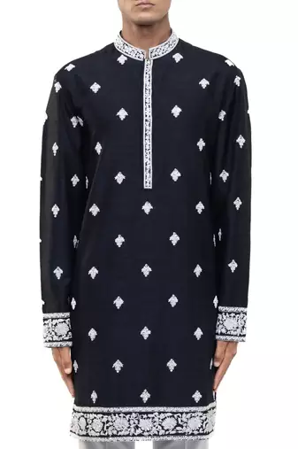 Black embroidered silk kurta set