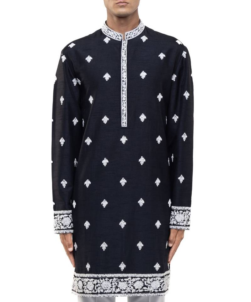 Black embroidered silk kurta set