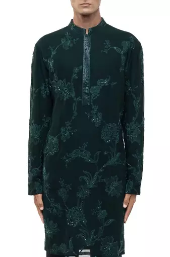 Green embroidered georgette kurta set