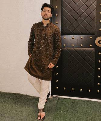Brown embroidered organza kurta set 1