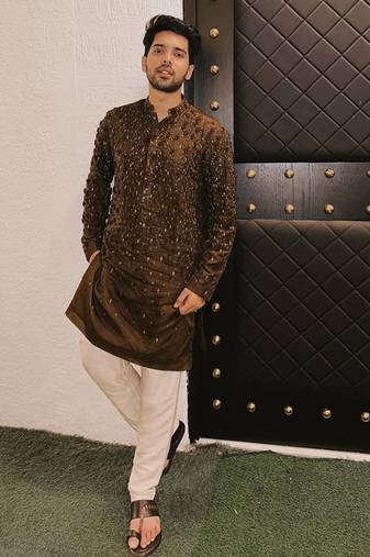 Brown embroidered organza kurta set