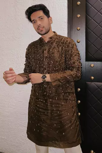Brown embroidered organza kurta set