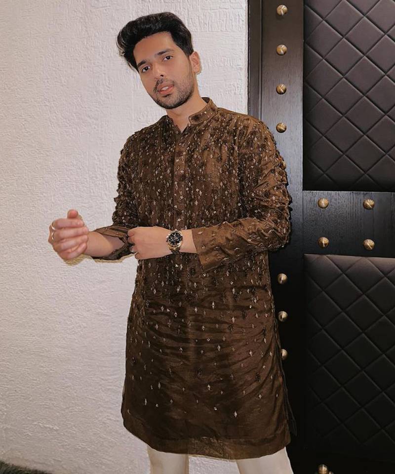Brown embroidered organza kurta set