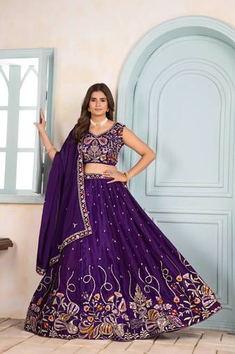 Purple embroidered lehenga choli with dupatta