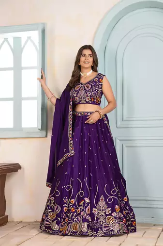Purple embroidered lehenga choli with dupatta