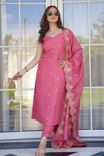 Women Viscose Zari Chanderi Fabric Embroidery Work Straight Kurta, Pant and Dupatta Set