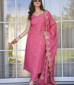 Women Viscose Zari Chanderi Fabric Embroidery Work Straight Kurta, Pant and Dupatta Set