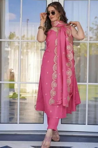 Women Viscose Zari Chanderi Embroidery Work Straight Kurta Pant and Dupatta Set