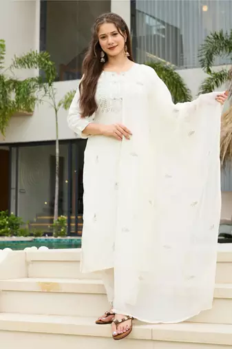 Women Beautiful Rayon Slub Fabric Embroidery Work Straight Kurta, Pant and Dupatta Set