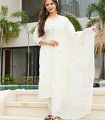 Women Beautiful Rayon Slub Fabric Embroidery Work Straight Kurta, Pant and Dupatta Set