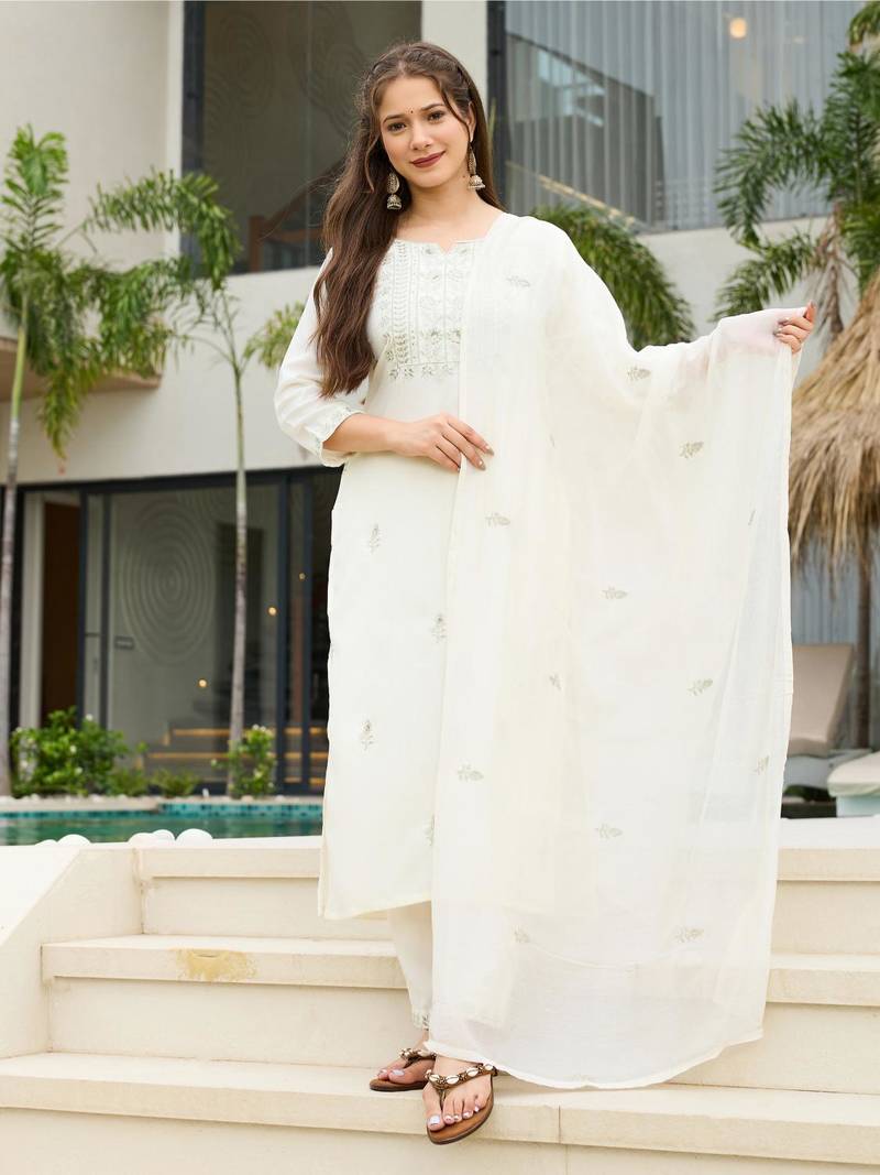 Women Beautiful Rayon Slub Fabric Embroidery Work Straight Kurta, Pant and Dupatta Set