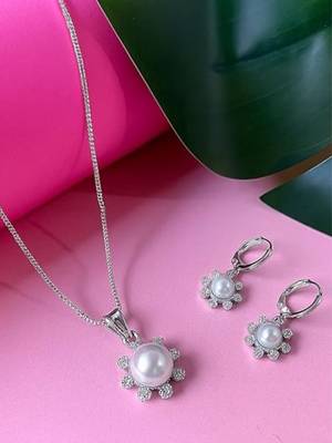 Silver plated cz american diamond chain pendent necklace with earrings jewellery set for women 1