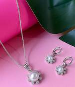 Silver plated cz american diamond chain pendent necklace with earrings jewellery set for women