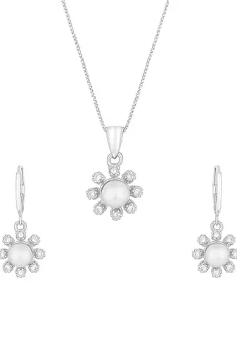 Silver plated cz american diamond chain pendent necklace with earrings jewellery set for women