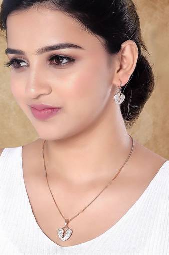 Rose gold plated glittering american diamond cz zircon chain pendent necklace with earrings set for women
