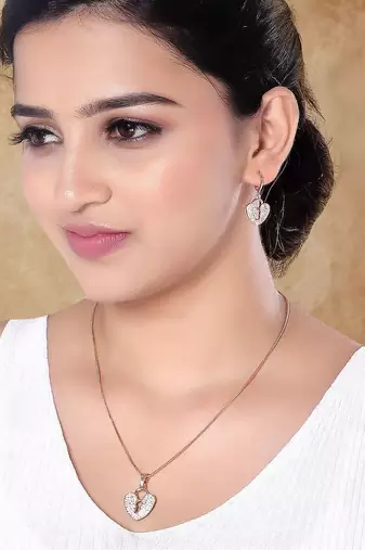 Rose gold plated glittering american diamond cz zircon chain pendent necklace with earrings set for women