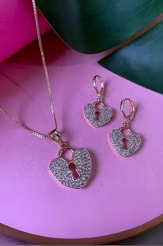 Rose gold plated glittering american diamond cz zircon chain pendent necklace with earrings set for women