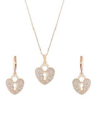 Rose gold plated glittering american diamond cz zircon chain pendent necklace with earrings set for women 3