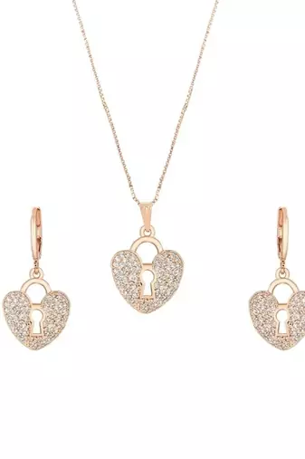Rose gold plated glittering american diamond cz zircon chain pendent necklace with earrings set for women
