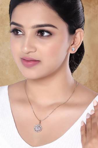 Rose gold plated american diamond cz zircon chain pendent necklace with earrings set for women