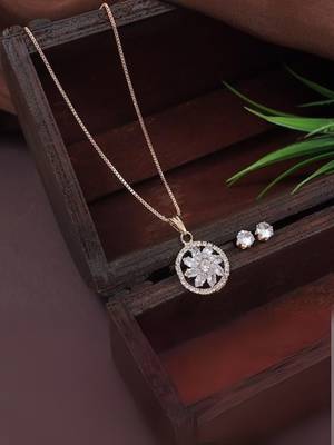 Rose gold plated american diamond cz zircon chain pendent necklace with earrings set for women 2