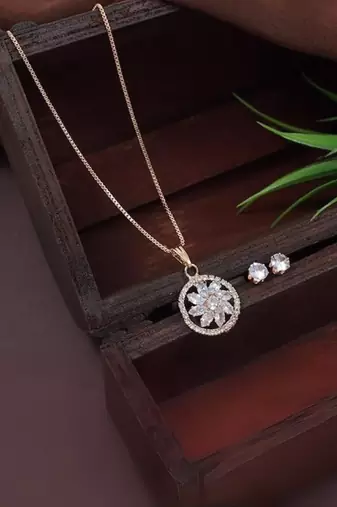Rose gold plated american diamond cz zircon chain pendent necklace with earrings set for women
