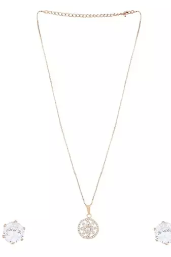 Rose gold plated american diamond cz zircon chain pendent necklace with earrings set for women
