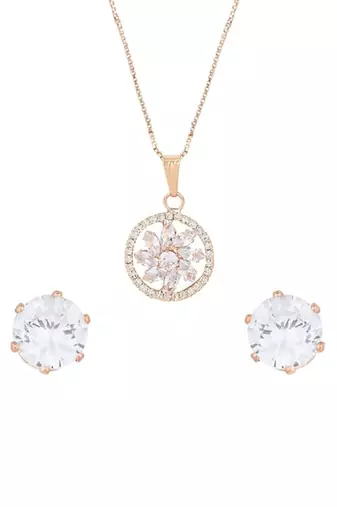 Rose gold plated american diamond cz zircon chain pendent necklace with earrings set for women