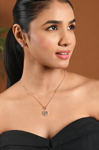 Rose gold plated cz american diamond hain pendent necklace with earrings set for women