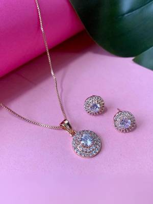 Rose gold plated cz american diamond hain pendent necklace with earrings set for women 2