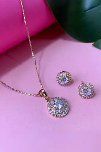 Rose gold plated cz american diamond hain pendent necklace with earrings set for women
