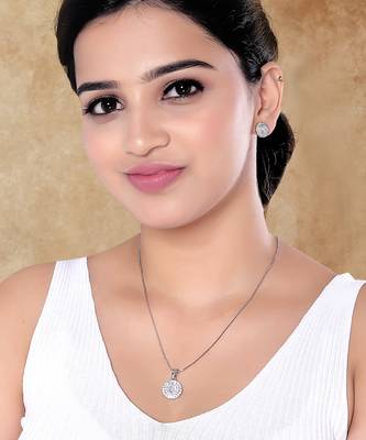 Cz american diamond chain pendent necklace with earrings set for women  1