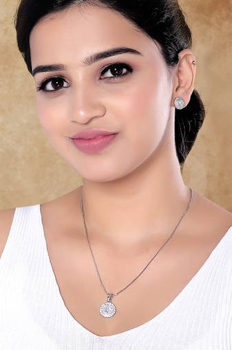 Cz american diamond chain pendent necklace with earrings set for women (silver)