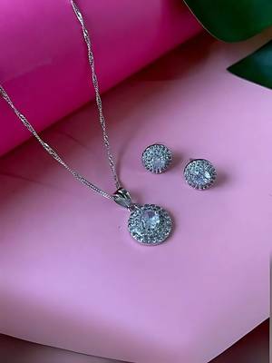 Cz american diamond chain pendent necklace with earrings set for women  2