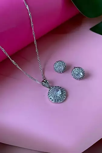 Cz american diamond chain pendent necklace with earrings set for women 