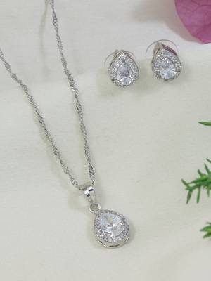 Latest stylish silver plated cz american diamond teardrop pendant necklace & earrings set for women  1