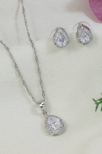 Latest stylish silver plated cz american diamond teardrop pendant necklace & earrings set for women (silver)