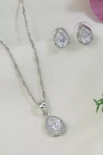 Latest stylish silver plated cz american diamond teardrop pendant necklace & earrings set for women 