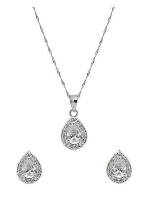 Latest stylish silver plated cz american diamond teardrop pendant necklace & earrings set for women  2