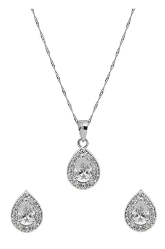 Latest stylish silver plated cz american diamond teardrop pendant necklace & earrings set for women 