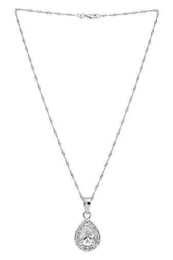 Latest stylish silver plated cz american diamond teardrop pendant necklace & earrings set for women 